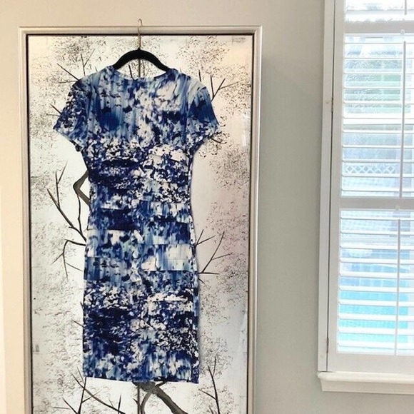 Nicole Miller $300 Women's Small Blue Purple Print Tiered Tidal Pleat Dress - Picture 5 of 13